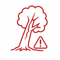 Icône arbre dangereux fendu avec panneau d'alerte — abattage Arbatax